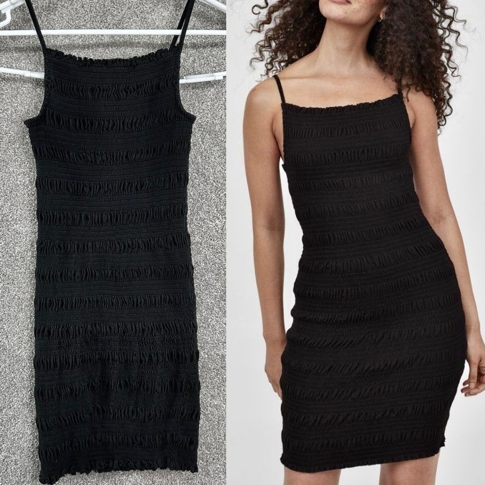 H&M NWT smocked square neck spaghetti strap bodycon stretchy ruched mini dress